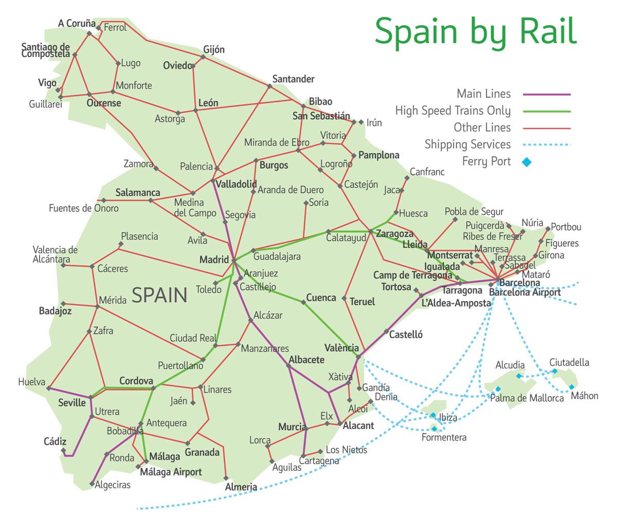 Spain train map Map of train routes in Spain (Southern Europe Europe)