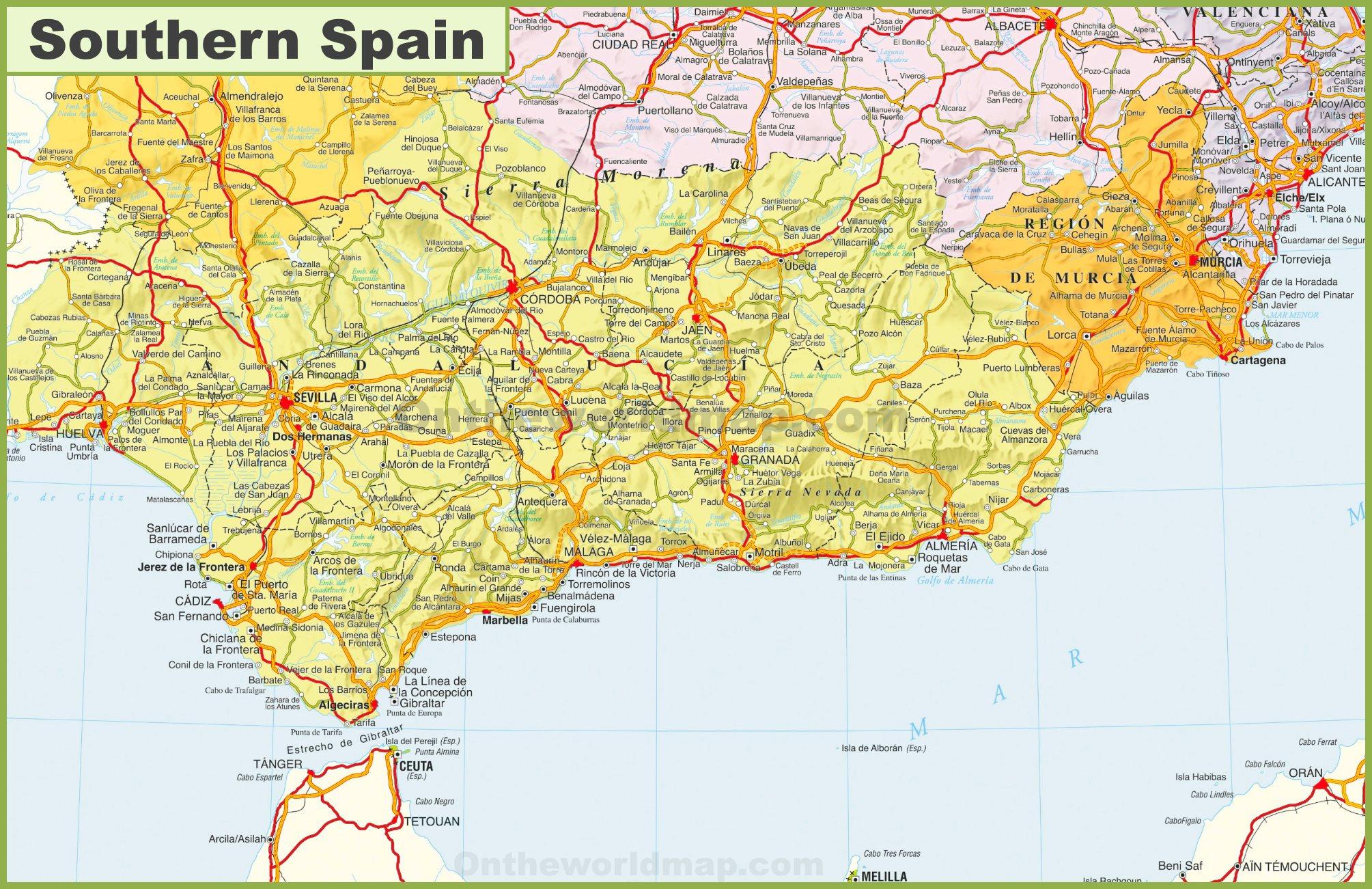 Map Of Southern Spain Detailed Map Of Southern Spain Southern Europe