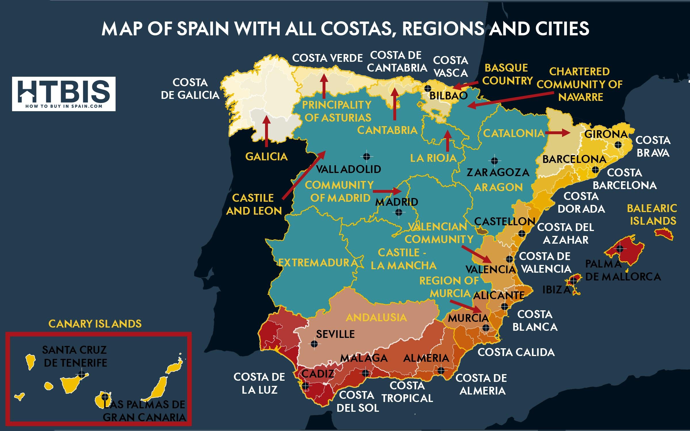 Map of Spain coast - Map of Spain (Southern Europe - Europe)