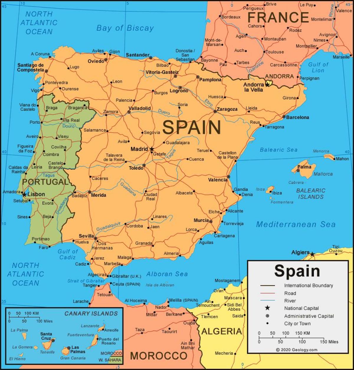 Map of Spain and surrounding countries Map of Spain and neighboring